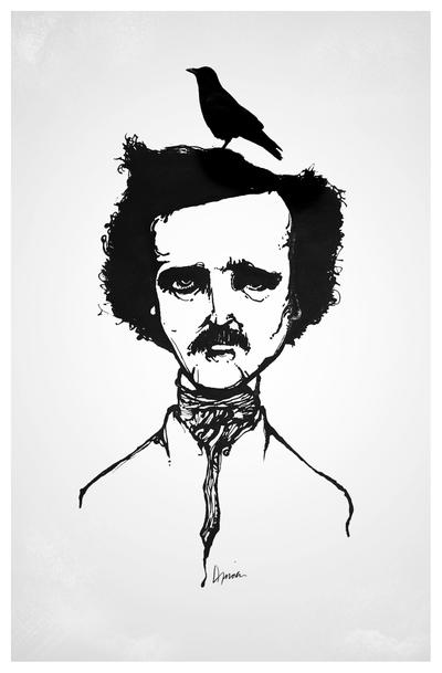Edgar Allen Poe with raven on his head